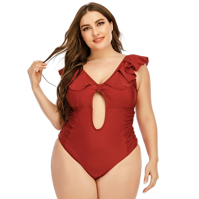 Meichang Women's Cutout One Piece Swimsuits Plus Size Tummy Control Ruffle Bathing Suits Sexy Monokinis Hollow Out Keyhole Swimwear Solid Color Pleated Swimsuits