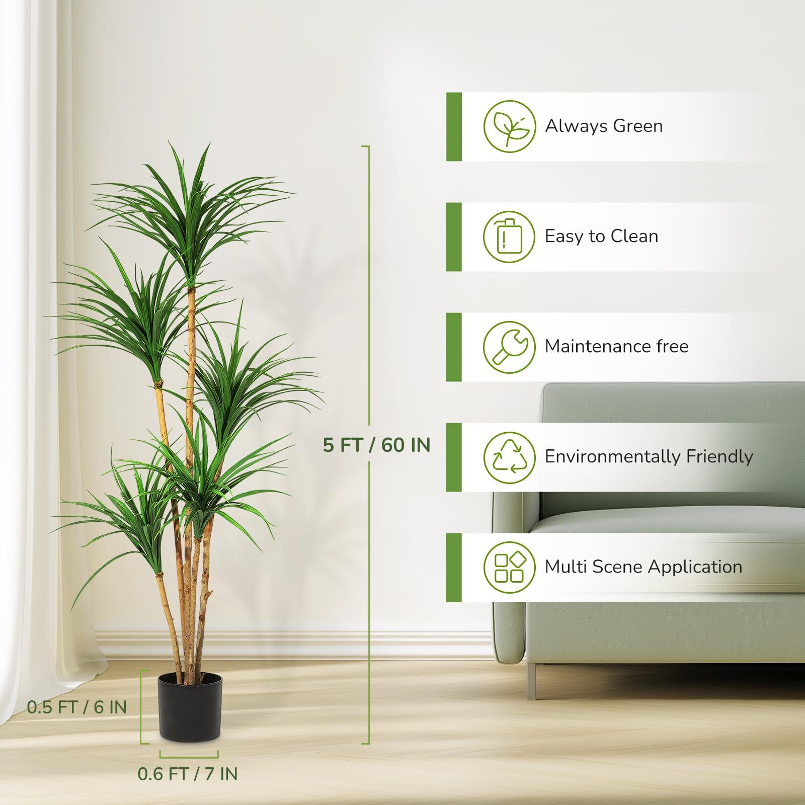 5FT Dracaena Trees Artificial Indoor Tall Faux Tree with Natural Wood Trunk and Moss, Tall Artificial Plants Artificial Silk Tree Faux Tree with Lifelike Yucca Leaves for Home Office Yard Patio Decor