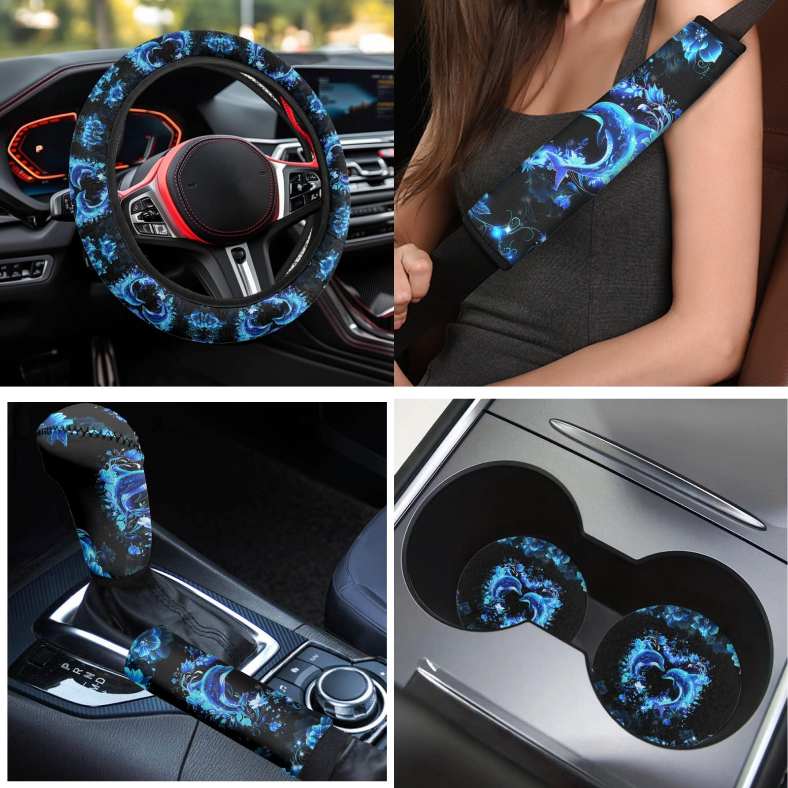 Yuyamidu 15 Pack Blue Dolphin Car Seat Covers Set with Floor Mats Heart Steering Wheel Cover Seat Belt Pads Handbrake Cover Set Coasters Auto Accessories