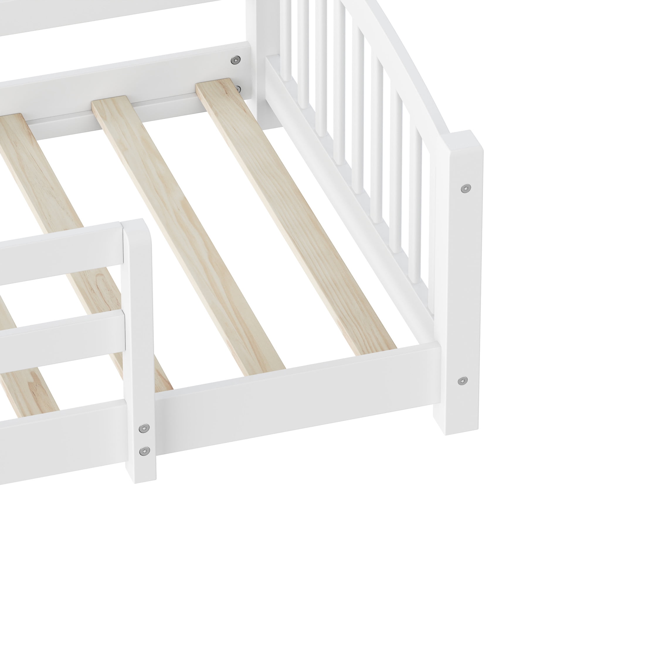 Noble House Twin Floor Bed with Slats, Safety Guardrails, Solid Wood Frame, White
