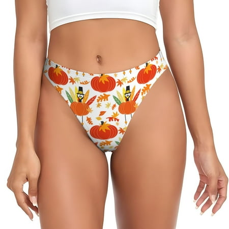 Qokaie Happy Thanksgiving Day1 Printed Women s Cotton Thong Underwear  Sexy Breathable Panties G-string-Large