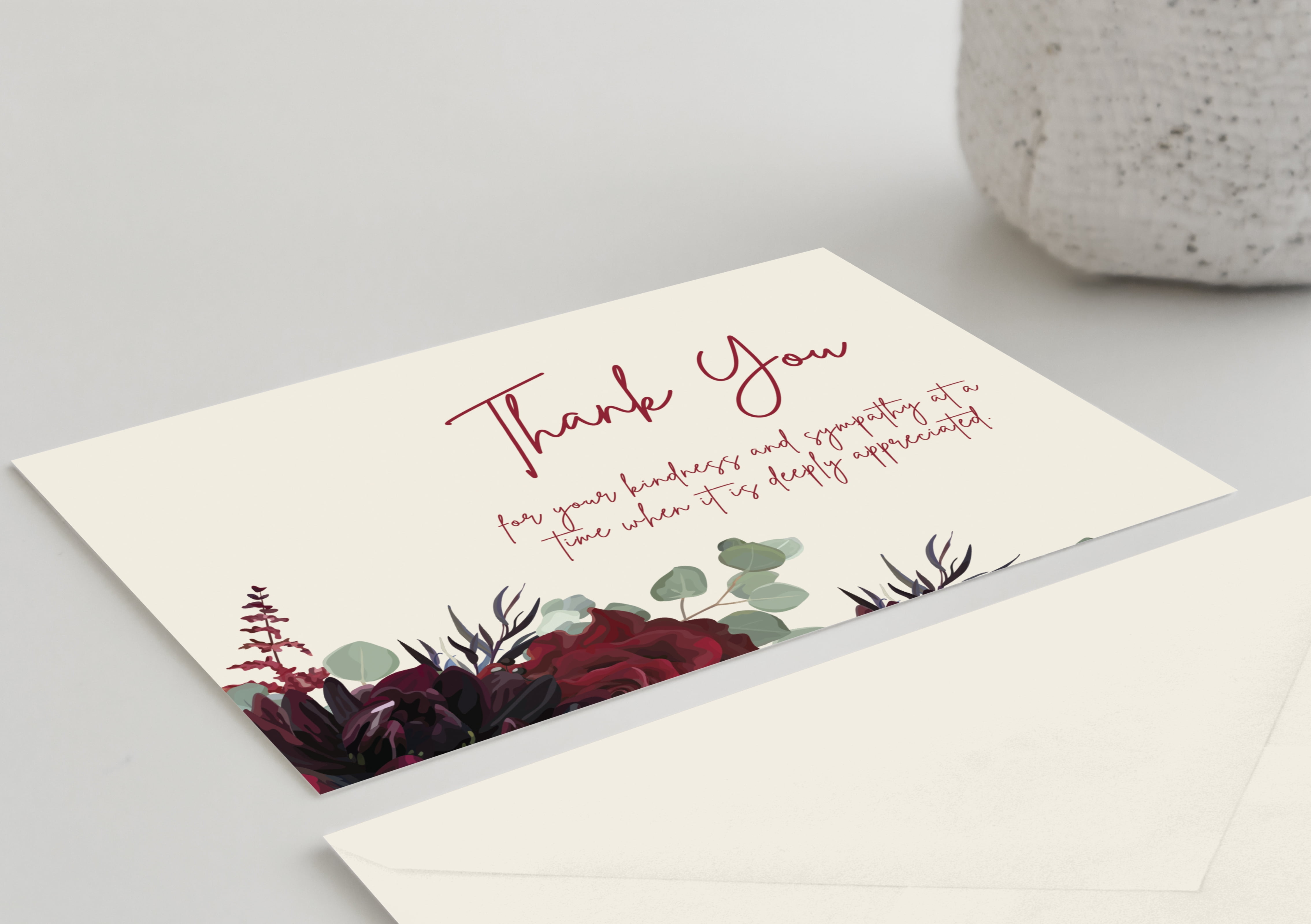 50 Funeral Sympathy Bereavement Thank You Cards With Envelopes (Red Floral)