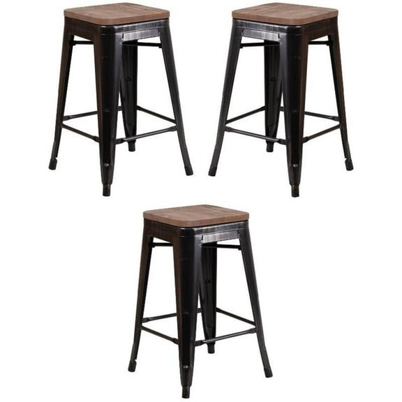 Home Square 24" Backless Metal Stool In Black-Antique Gold - Set of 3