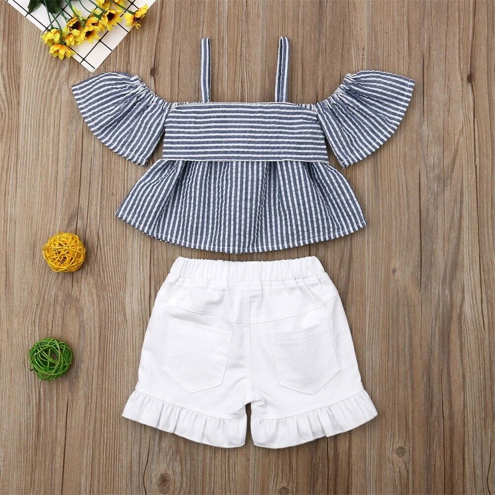 2pcs Baby Girl 100% Cotton Bow Front Shirred Back Cami Top and Striped Shorts Set