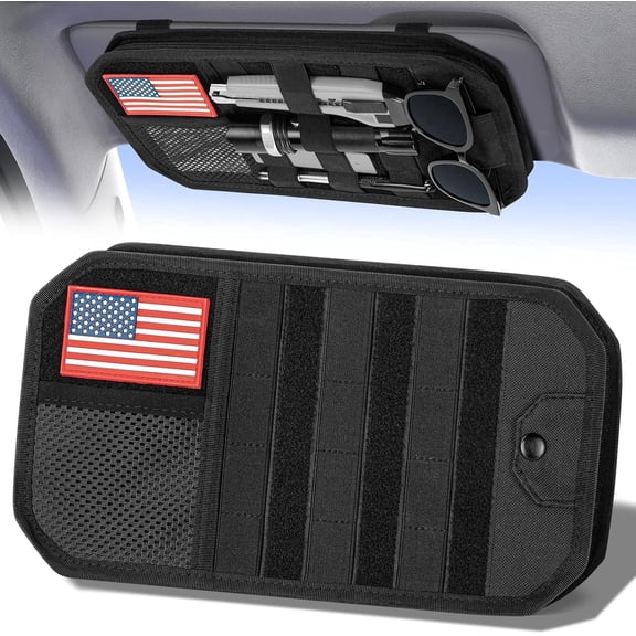 Car Visor Organizer, MOLLE-Style Sun Visor Organizer with Zipper, Sunglasses Holder, Card Slots & Elastic Loops for Cars, Trucks, SUVs & Pickups