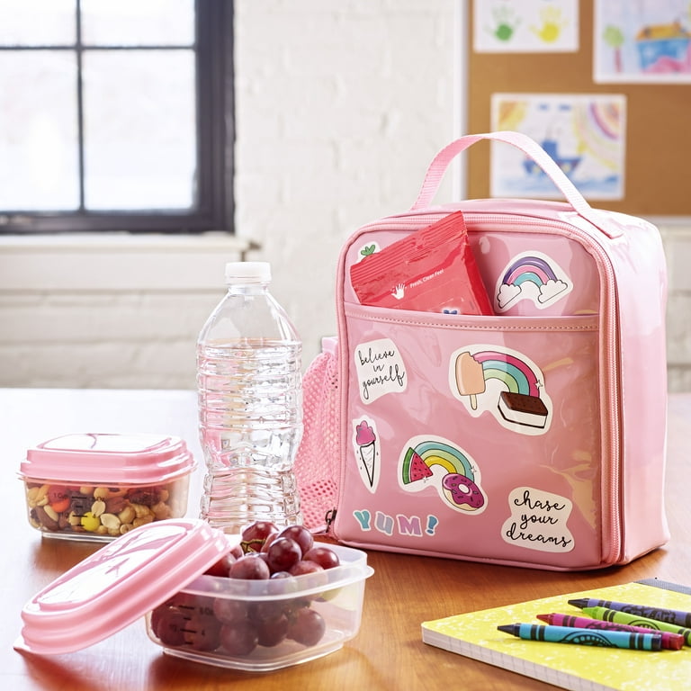 L.O.T.G Kids DIY Reusable Pink Insulated Lunch Bag Includes 2 Pink 8oz  Containers and 2 Sticker Sheets 