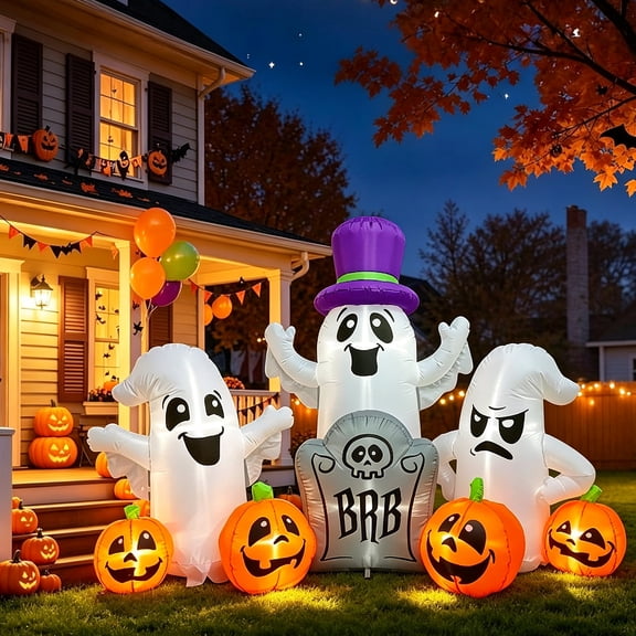 7 FT Halloween Inflatables Ghosts with Pumpkin Tombstone, Outdoor Blow Up Yard Decorations with Built-in LED Lights for Lawn, Garden, Halloween Party