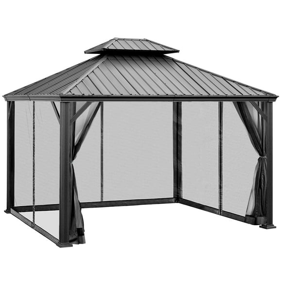 Patiojoy 12ft x 10ft Patio Hardtop Gazebo Double Vented Roof Outdoor Galvanized Steel Sun Shelter Gray