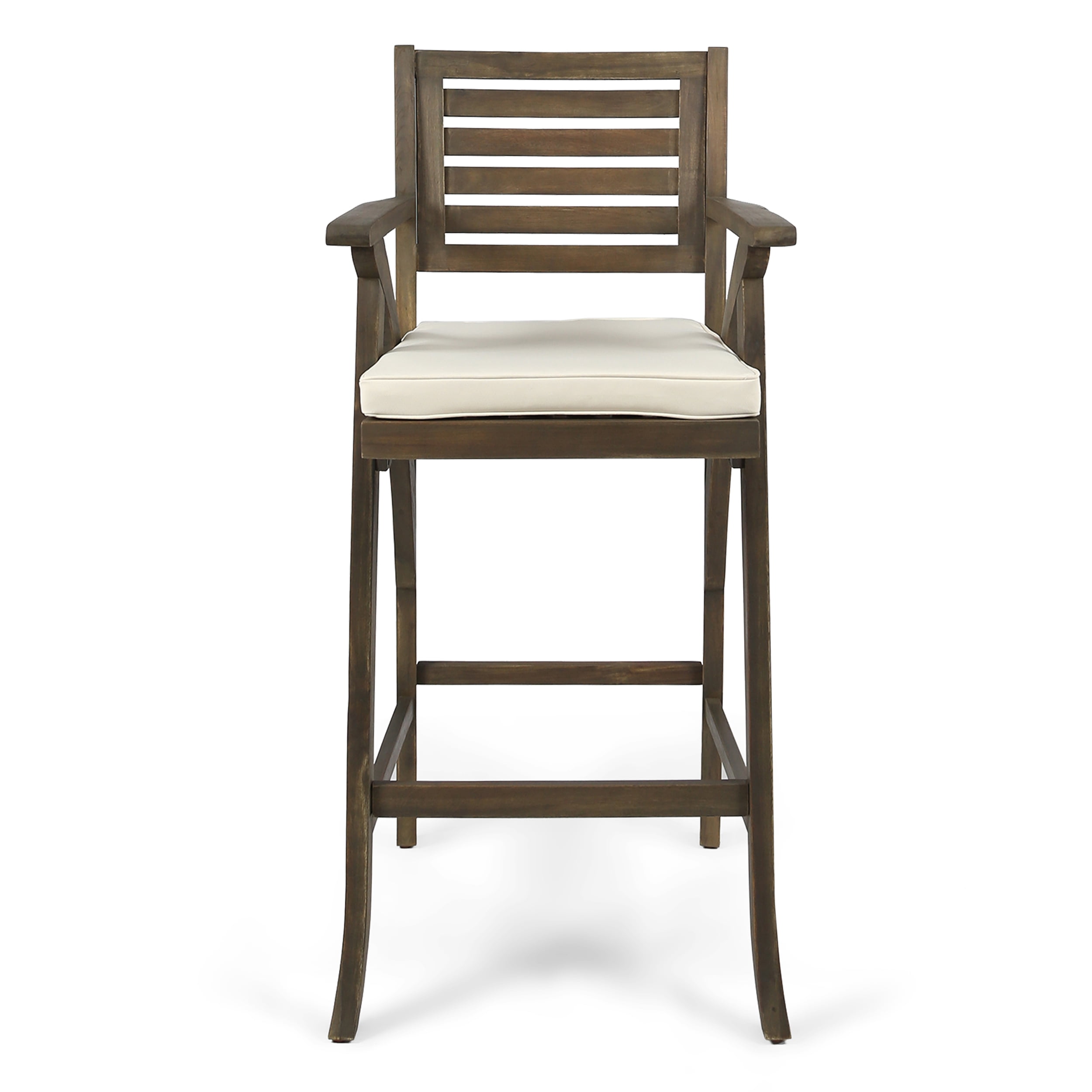 Outdoor Acacia Wood Barstool with Cushion,Cream,Grey