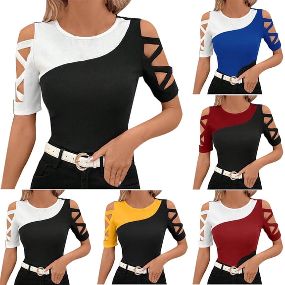 Fashion Olyvenn Women's Colorblock Criss Cross Cut Out Short Sleeve Round Neck Tee Shirts Hollow Out Streetwear Patchwork Shirts Black M