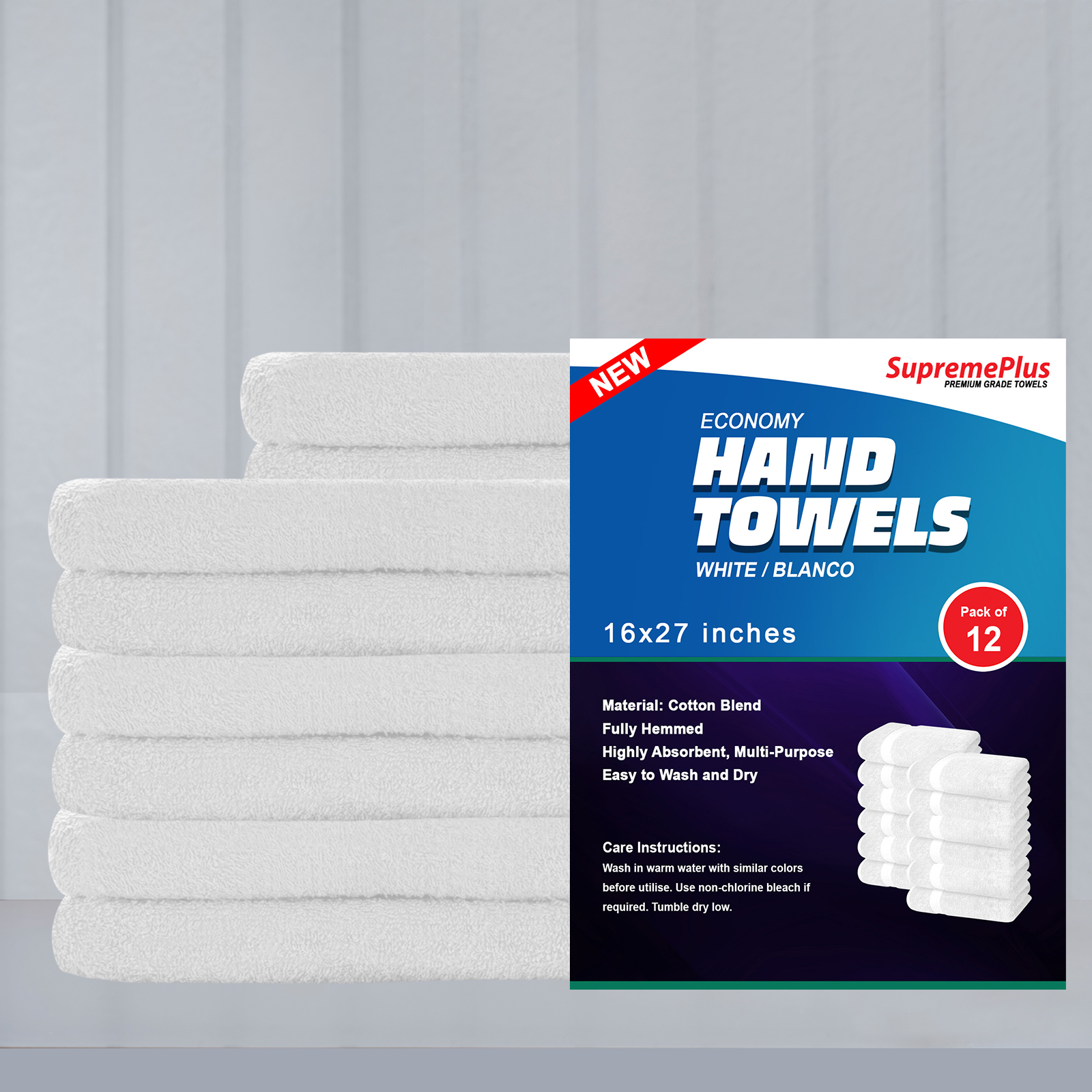 SupremePlus Soft Absorbent and Durable 16” x 27” Cotton Blend Hand Towels, White 12 Count
