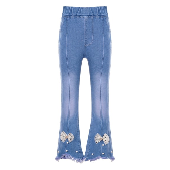 Alvivi Kids Girls Ruffle Flare Raw Hem Denim Pants High Waisted Bell Bottom Jeans Casual Trousers Type C 110/XL