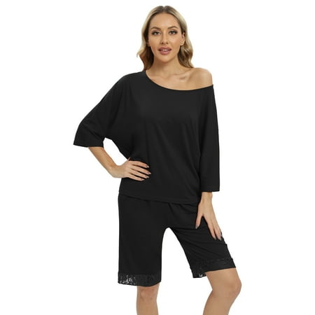 

Women s Soft Pajama Loungewear Set Lace Patchwork Sleepwear 3/4 Sleeve Crewneck Nightshirt with Shorts 2 Piece Soft Cozy Loungewear PJs Set S-XXL