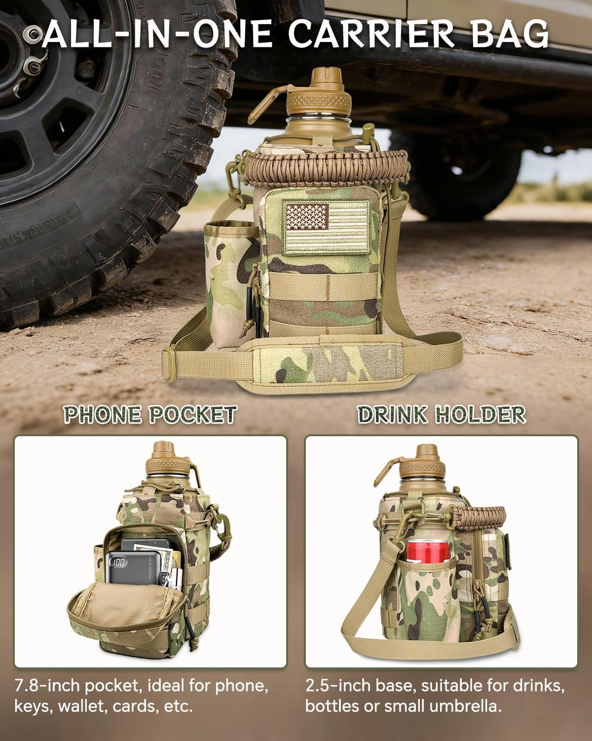 Half Gallon Water Bottle Insulated with Sleeve-64 oz Stainless Steel Water Jug with Strap Paracord Handle Metal Sport GYM Water Bottles for Men Women Hunting Hiking Travel Biking Camo CP
