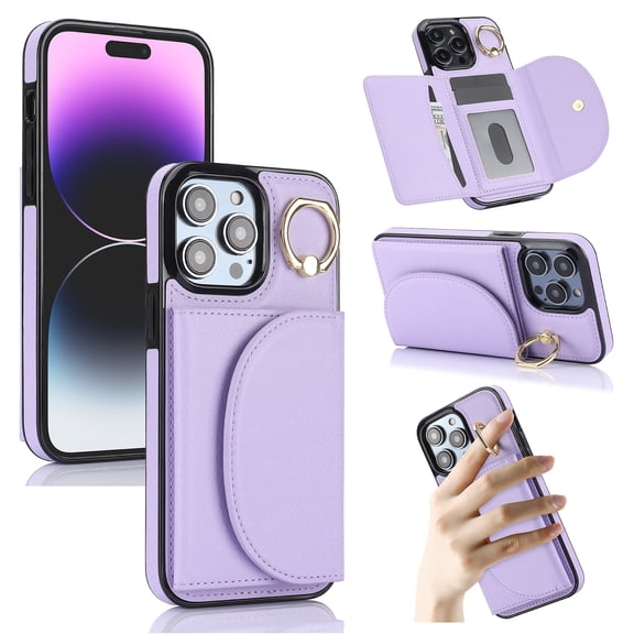 Wallet Case Compatible with iPhone 13 Pro with Card Holder,RFID Blocking,360°Rotation Finger Ring Stand Leather Cover,Drop Protection with Magnetic Snap Phone Case iPhone 13 Pro, Purple