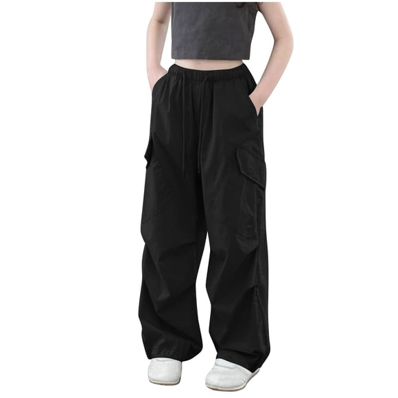 Lovzfmll Kids' Solid Color Adjustable Ankle Long Pants Elastic Waist Pocket Cargo Pants Youth Casual Trousers for Little Girls, 7-8 Years