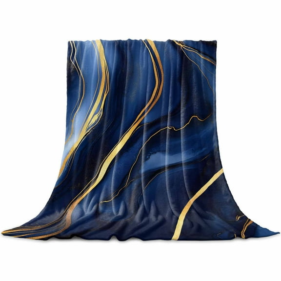 Marble Navy Blue Flannel Blanket for Bed, Modern Golden Ombre Retro Art Soft Cozy Warm Couch Throw Blanket, Lightweight Fluffy Plush Bedding Blankets for Sofa Decor All Season 30"x40"