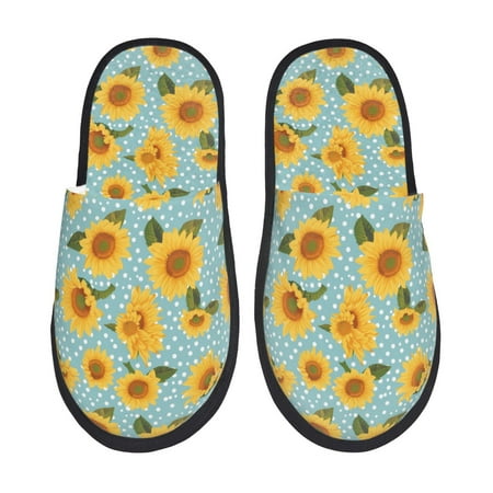 Balery White Polka Dot Sunflower Slient Indoor Furry Fleece Comfort House Shoes Soft Non-Slip Home Shoes Cotton slippers House Slippers-- Medium