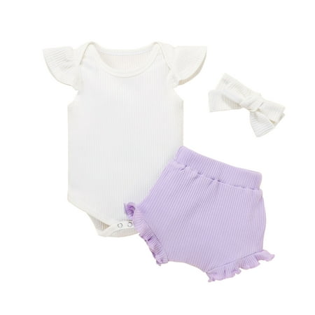 

Newborn Baby Boys Girls Summer Fly Sleeve Solid Romper+Shorts+Headbands Outfits Set Fashion Children s Suit