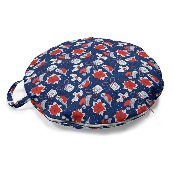 Christmas Round Floor Cushion with Handle, Bullfinches Gift Boxes Poinsettia Flowers Santa Hat Noel New Year, Pillow for Living Room & Dorms, 18" Round, Vermilion White Dark Blue, by Ambesonne