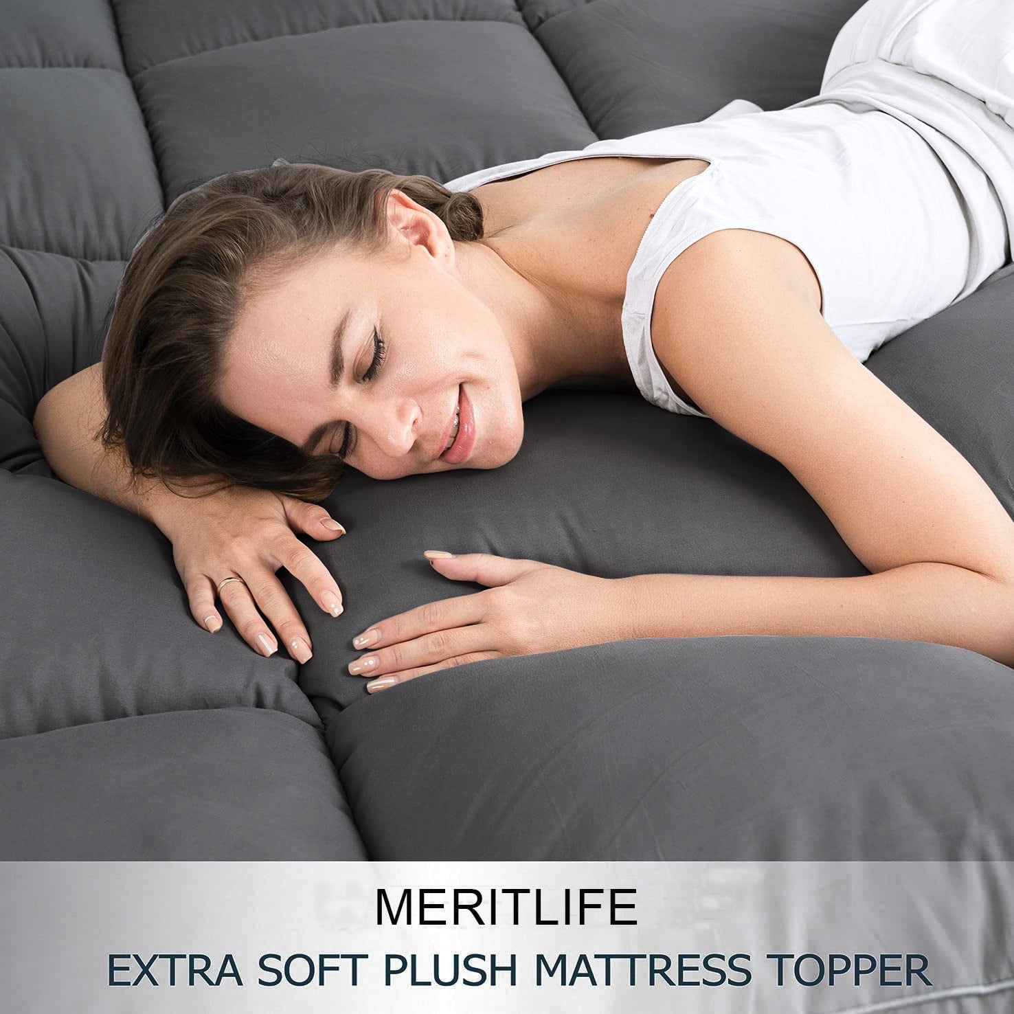 MERITLIFE Full Extra Thick Mattress Topper, 400TC Cotton Pillow Top Protector with 8-21" Deep Pocket 5D Spiral Fiber Padding for Back Pain, Cooling Plush Mattress Pad Cover, Grey