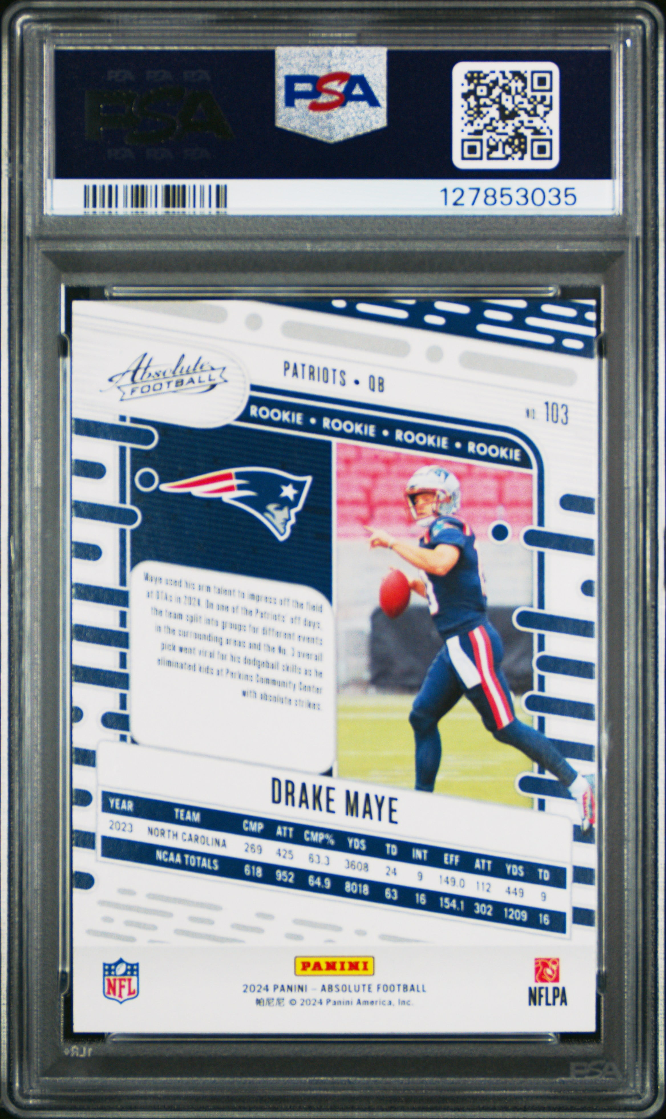 Drake Maye 2024 Absolute Red and Blue Rookie Football Card #103 Graded PSA 10 Cert #127853035