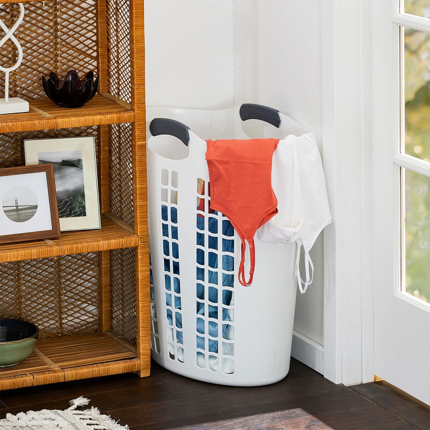 JFTER Laundry Basket, Easy Carry Flex Collapsible Hamper, 87.5 Liters, White - Large Plastic Clothes Storage Organizer for Home, Bathroom, and Bedroom