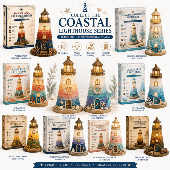 Beginner-Friendly DIY Lighted Sea Glass-Style Lighthouse Kit Collection, Coastal Mosaic Craft with Decorative Accessories and LED Glow, 10 Themes for Tabletop Home Decor