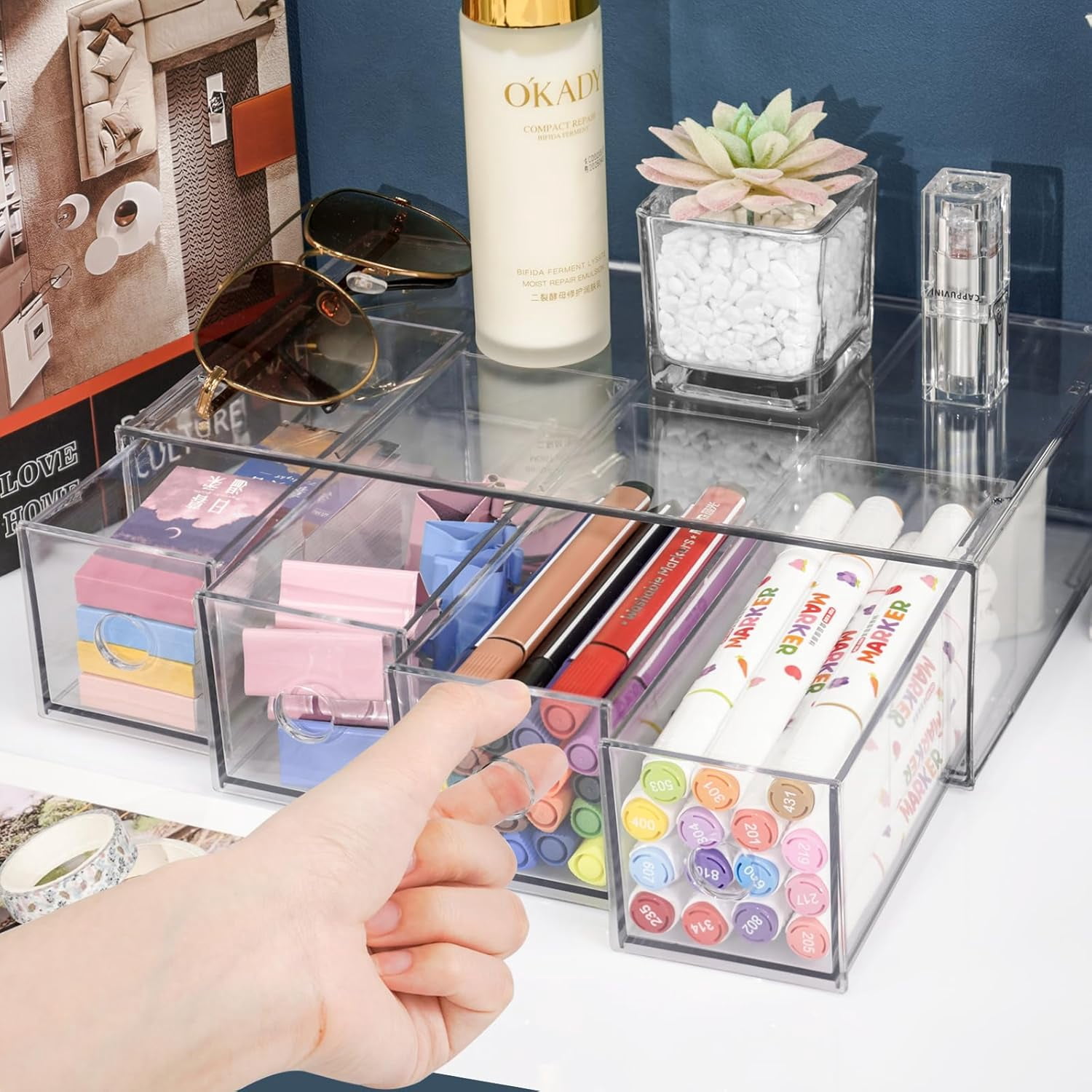 Desk Organizer with 4 Drawers, Stackable Desktop Storage Box with Removable Drawer, Clear Sunglasses Organizer Display Case for Stationery Marker Pens Eyeglasses Office Supply