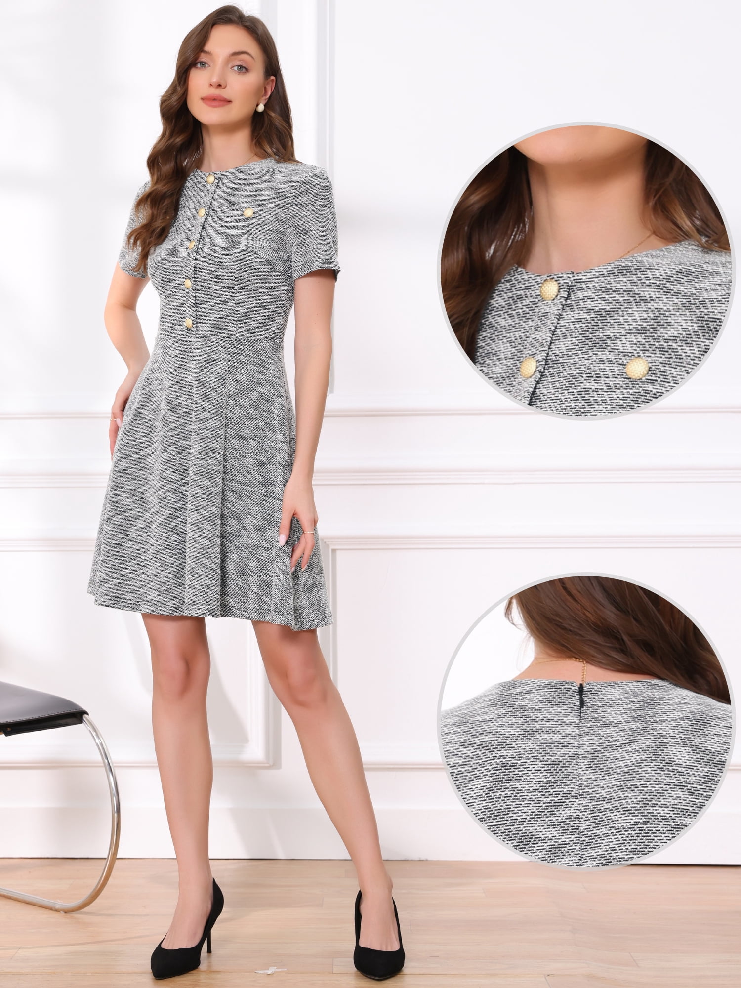 DARING DIVA Women's Plaid Tweed Button Up Round Neck Short Sleeve Dress S Black
