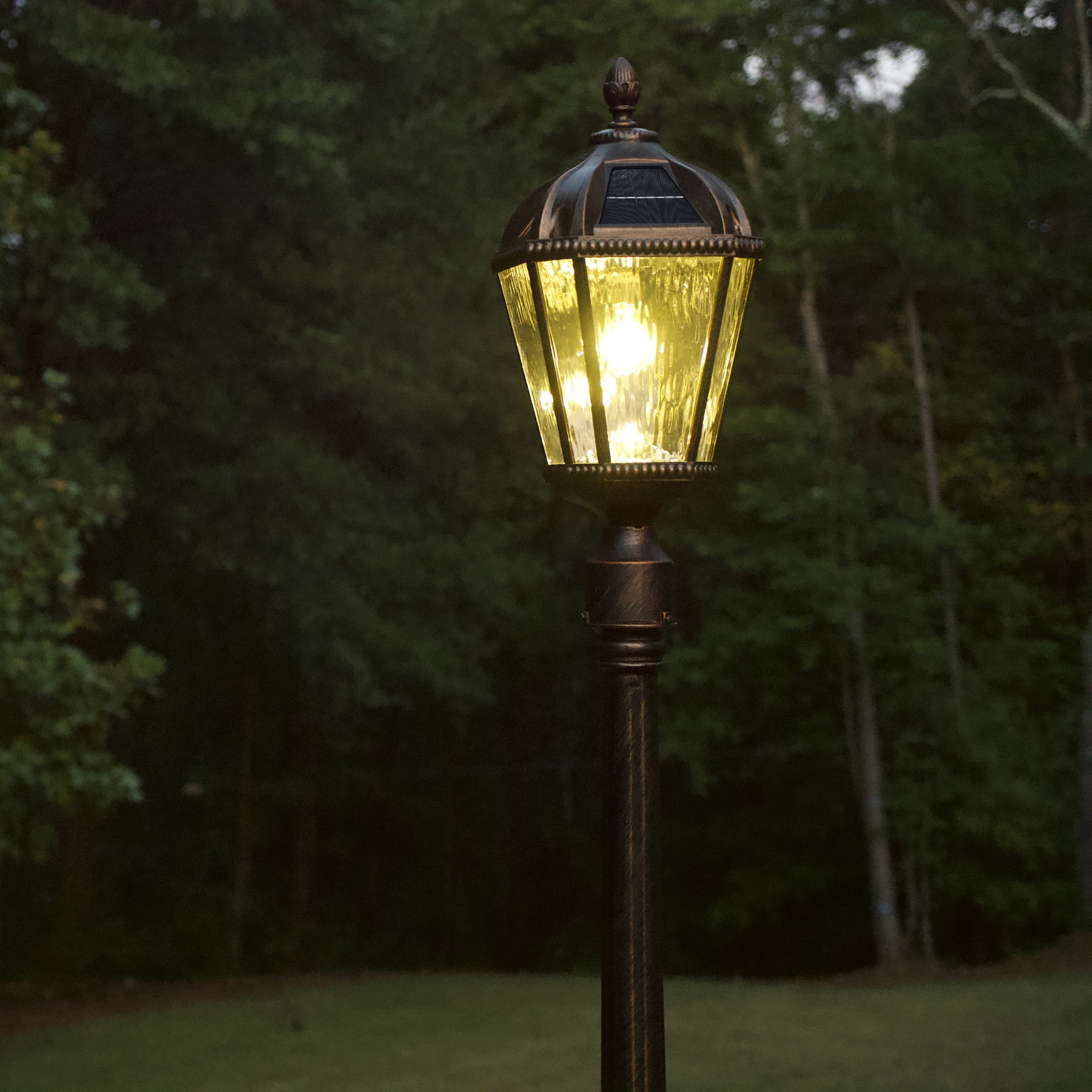 Gama Sonic Outdoor Solar Lamp Post Light, Brushed Bronze Aluminum and Rainwater Glass Panels, 10-Year Royal Bulb, Warm White LED with Omni-Direction Reflector, 87-inch Height, 98B101