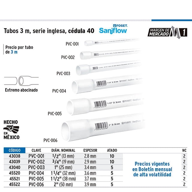 tubo de pvc hidráulico cédula 40, 1/2' tramo 3m Foset, color anaranjado; barra frontal con extremo liso y superficie lisa, mostrado junto a tabla de códigos y diámetros para plomería; a menudo usado como conducto para instalaciones y proyectos de fontanería.