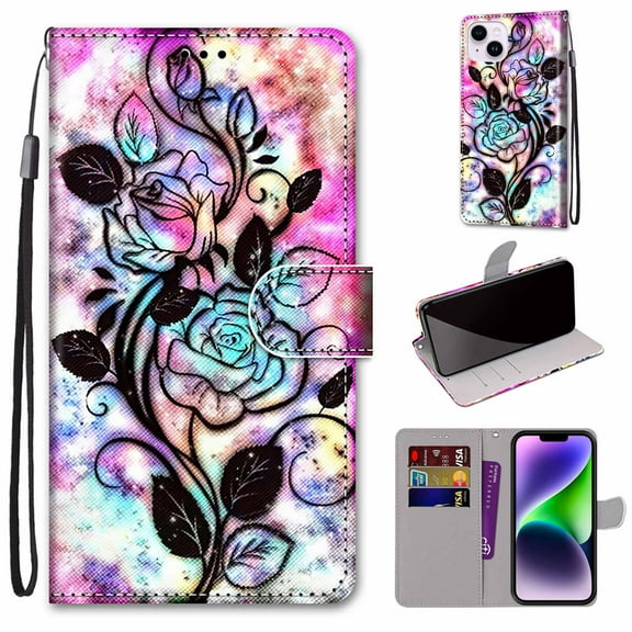 SaniMore for iPhone 14 6.1 "2022 PU Leather Case with Card Slots Detchable Lanyard Color Painting Luxury Pattern Flip Kickstand Shcokproof Wallet Case For iPhone 14 6.1 Inch 2022, Hollow Flower