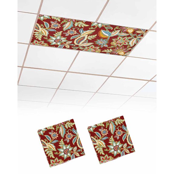 Fluorescent Light Covers for Ceiling Lights 2 Pack, Vintage Colorful Floral Magnetic Ceiling Light Covers 2x4ft for Classroom Office School, Ethnic Boho Retro Flowers Art Red Drop Ceiling Light Shade