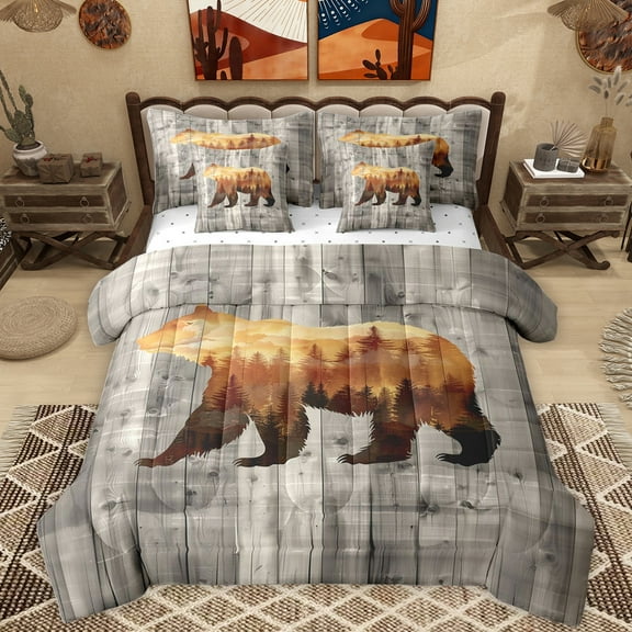 Homewish Safari Animal Bear 7-Piece Twin Bedding Sets,Rustic Pine Tree Bedding Comforter Set,Orange Gray Sheet Sets For Boys Kids,Breathable Home Decor Reversible