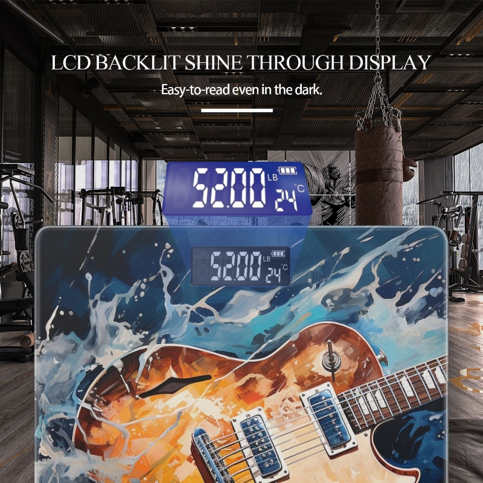Digital Bathroom Scale with Large LCD Display,High Capacity Scale 400 lbs High Precision body fat scale-Guitar On Blue Background With Water Splashes Around