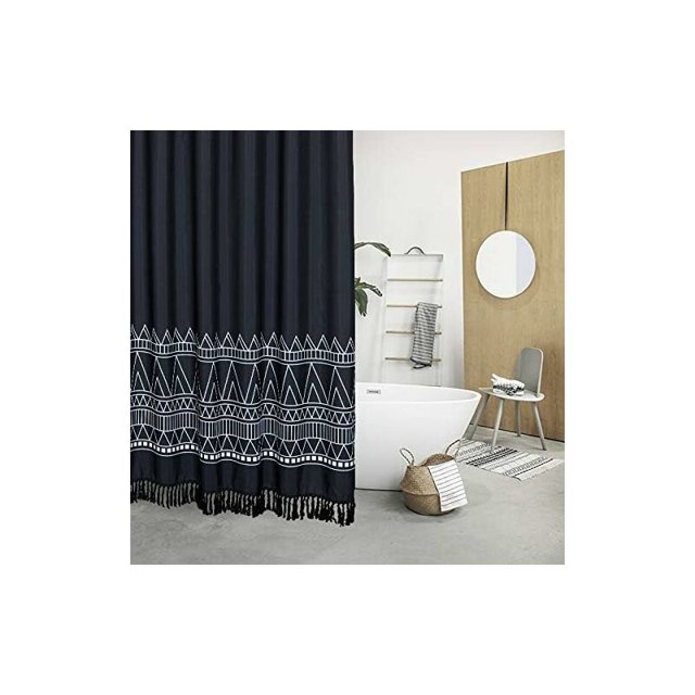 Juego de cortinas de baño de poliéster, estilo bohemio en blanco y negro con rayas de espiga con ganchos, cortinas de baño decorativas para spa y hotel, resistentes, 72 pulgadas, 72 x 72 pulgadas, neg