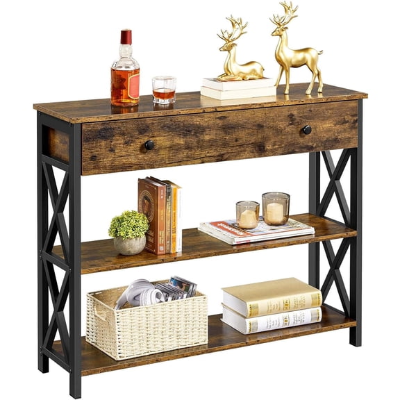 Console Table with Drawer, Sofa Table with Storage Shelves, 39.5 Inch Entryway Tables with Metal Frame, for Living Room, Entryway, Hallway, Rustic Brown