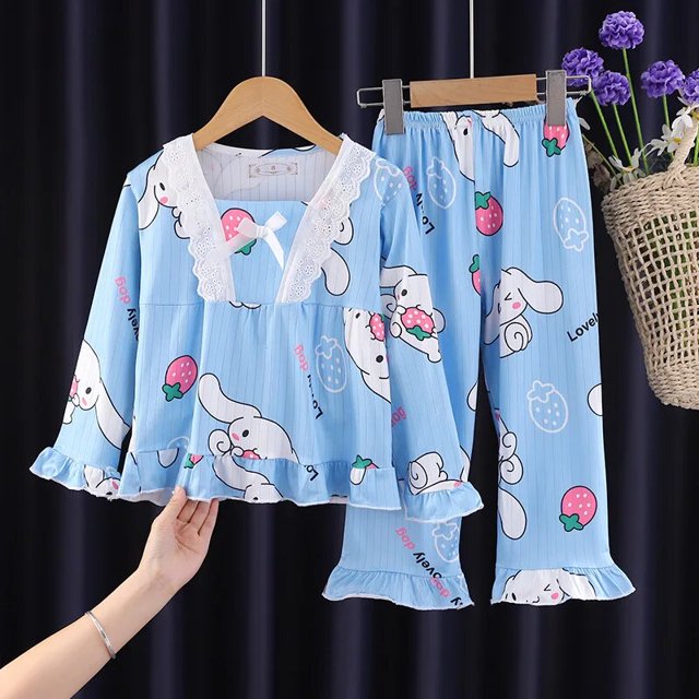 Conjunto de pijamas Kawaii Sanrio para niños y mujeres, ropa de dormir para el hogar, Anime Kitty Melody Cinnamoroll, pantalones de manga larga, Primavera