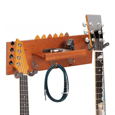 Guitar Wall Mount Hanger with Shelf and Pick Holder Rotatable Rubber Hooks Take 2 Guitars for Acoustic Electric Bass Violin Banjo Mandolin Ukulele