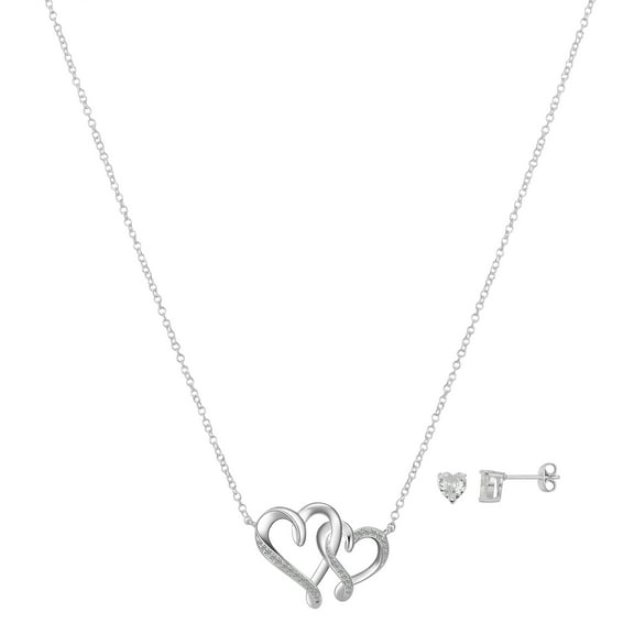 Believe by Brilliance Women's Fine Silver Plated Cubic Zirconia Double Heart Necklace and Stud Earring Set, 18 2" Extender