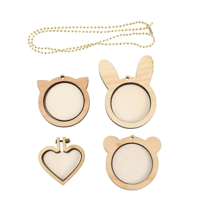 MasteelfCA 5 Pcs Cross Stitch Fixing Frame Embroidery Mini Wood Hoops DIY Wooden Stitch for Crafting Sewing Stitching (4.5cm Kitten, 4.5cm Bear, 4.5cm Rabbit, 4cm Heart Shape Style, Gold Bead Chain)