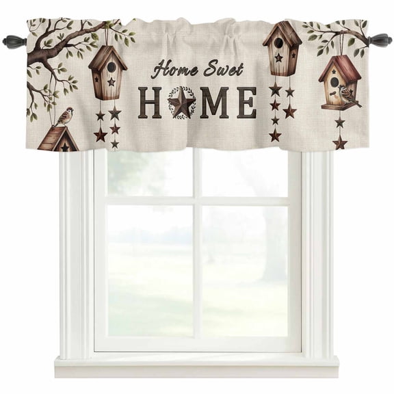 Sweet Home Rod Pocket Curtain Valance, Western Stars Bird Houses Farmhouse Retro Farmhouse Window Valance for Living Room, Bedroom, Kitchen 42"W x 18"L