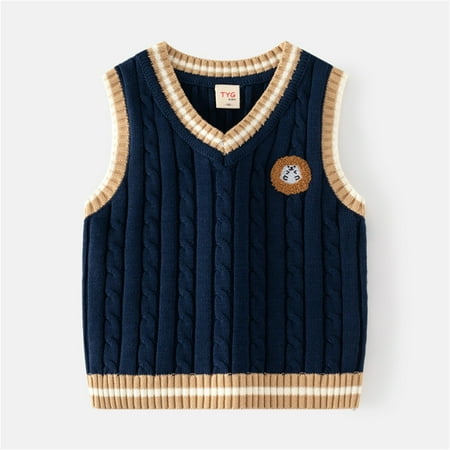 

kakina CMSX Toddler Kids Boys V-Neck Sweater Sleeveless Knit Vest Graphic Tank Tops Pullover Knitwear School Uniform Green Grey