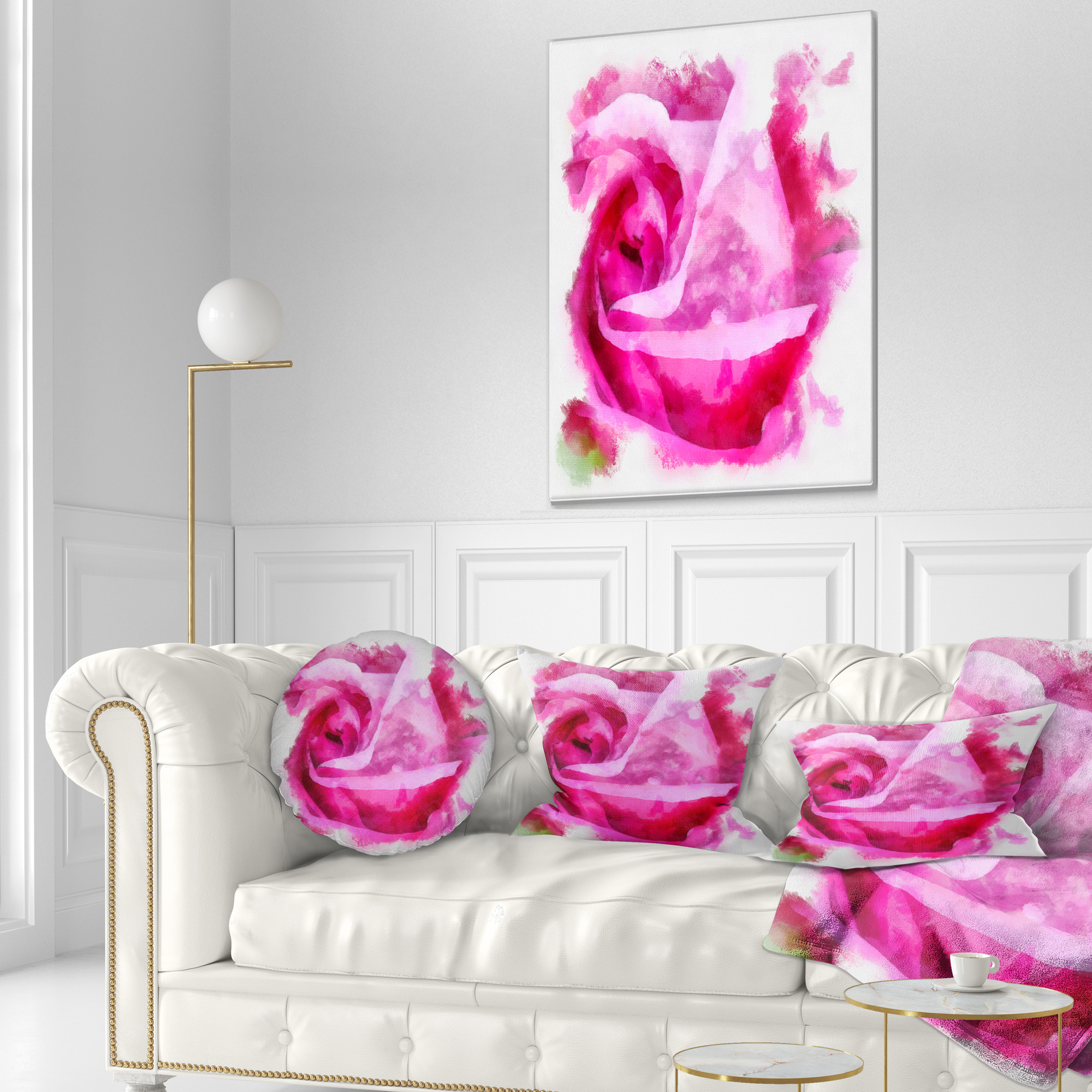 Designart Bloomy Pink Rose Watercolor Drawing - Floral Throw Pillow - 12x20