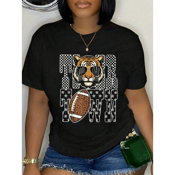 100% Cotton Tiger Town Leopard Football Game Day For Men T-Shirt Women's Men's Streetwear Graphic Tee Black Crew Neck Vacation Tops