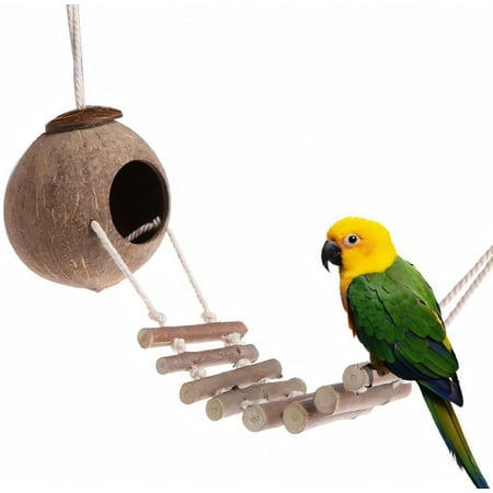 Pet Daily Kit Natural Coconut Shell Bird Nest With Ladder Natural Coconut Shelter For Parrots Pet Bird Cage Toys Decoration Accessories