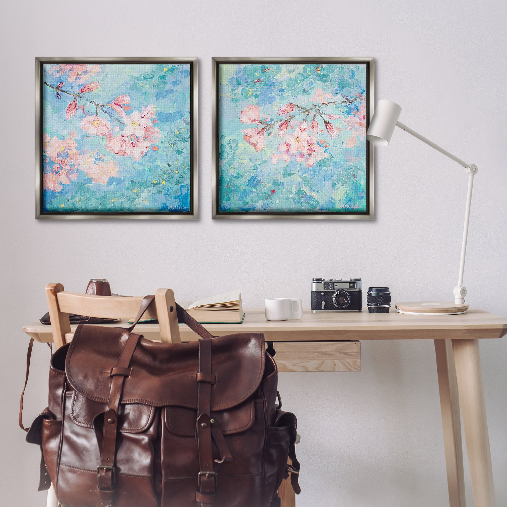 Stupell Industries Yoshino Cherry Blossoms Floral & Botanical Painting Gray Floater Framed Canvas Art Print Wall Art, 25 x 25, Set of 2