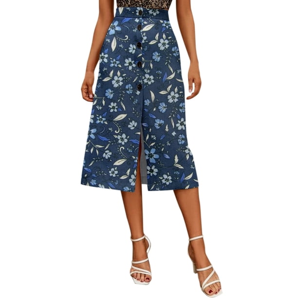 Gibobby faldas aesthetic pecho de cintura alta con estampado floral elegante diario para mujer(Azul marino, L)