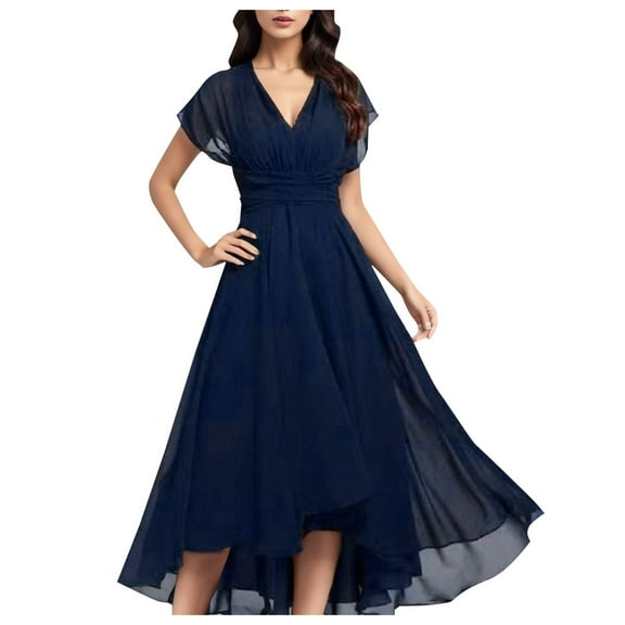 GEWSEY Women's Chiffon Formal Dresses V Neck Ruffle Sleeves Pleated High Low Summer Wedding Guest Dress (Navy, XL)